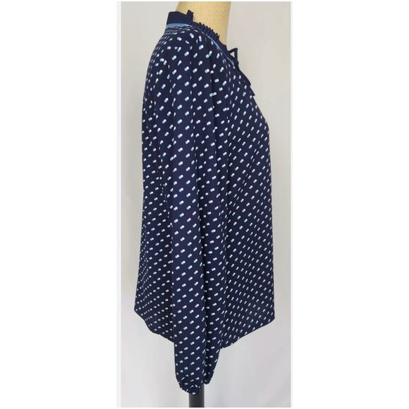 TALBOTS Navy Polka Dot Pleated Tie Neck Long Sleeve Blouse Business Large NWT - Picture 2 of 9